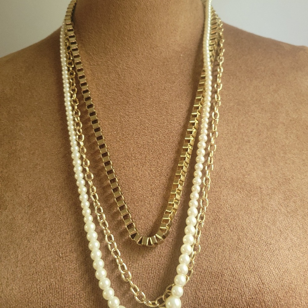 J Crew Gold Tone Faux Pearl Multi Strand Layered Chain Necklace One Size Preppy